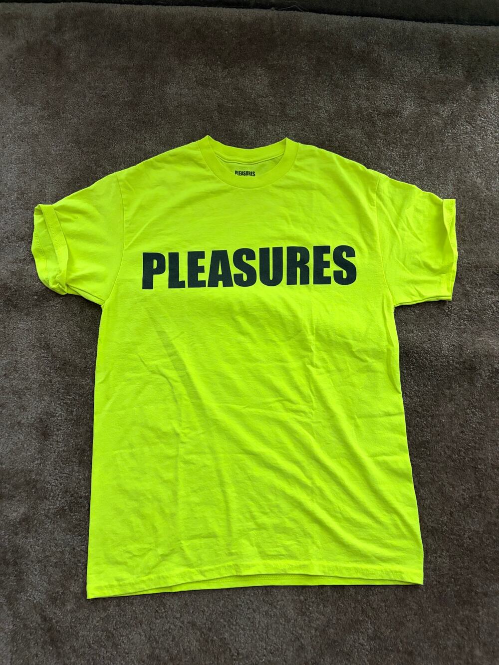 PLEASURES Neon Green Logo Tee with Back Graphic (Medium)